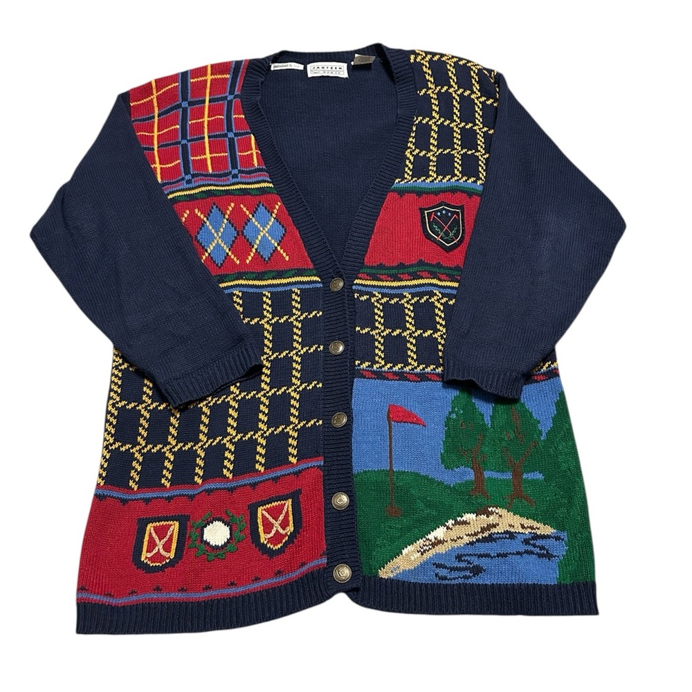 Vintage 90s Women’s XL Golf Hand Embroidered Knit Cardigan Sweater